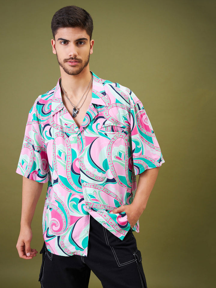 Men Pink &amp; Green Tropical Floral Oversized Shirt
