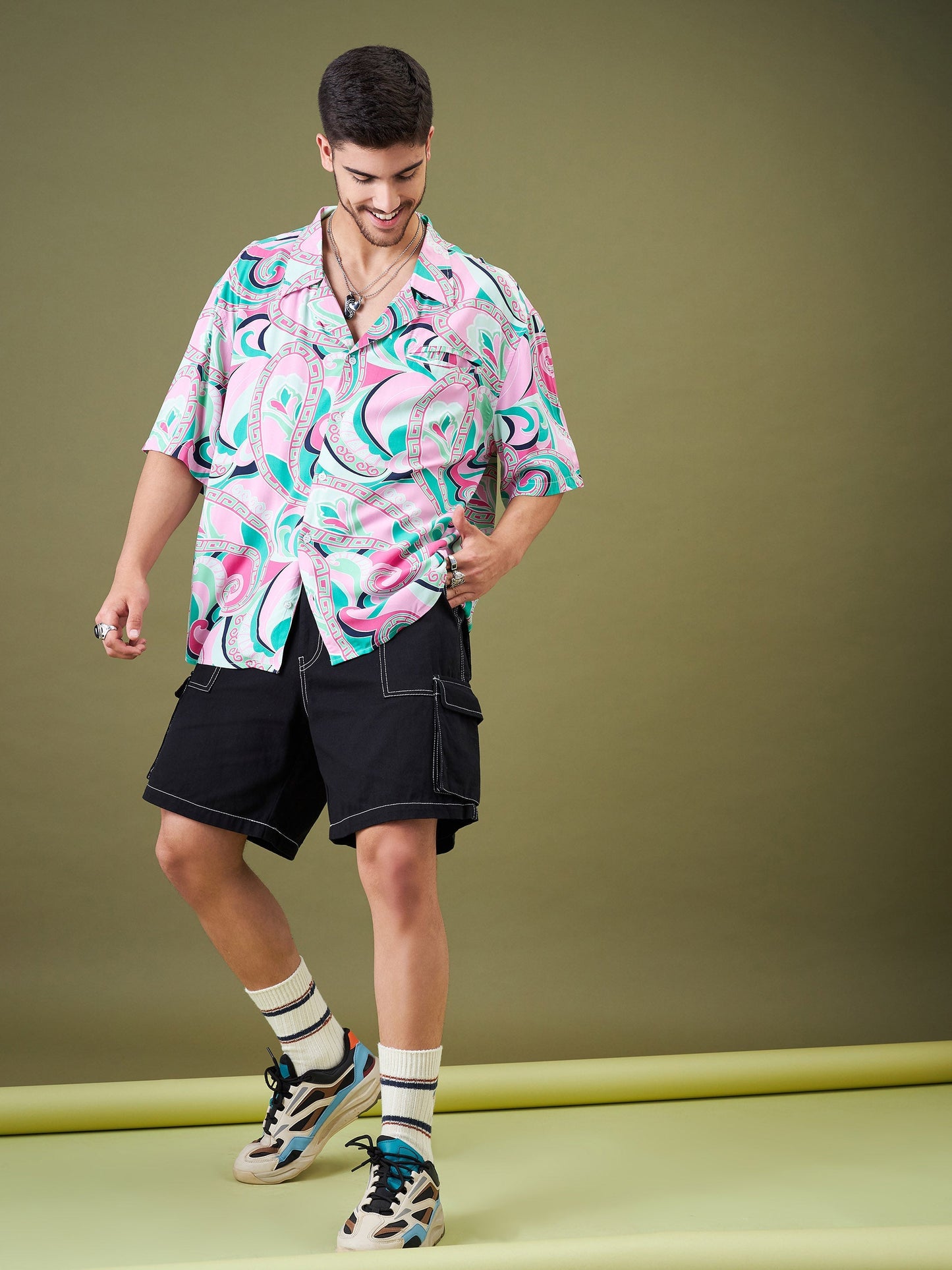 Men Pink & Green Tropical Floral Oversized Shirt