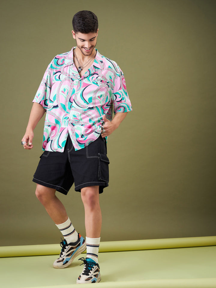 Men Pink &amp; Green Tropical Floral Oversized Shirt