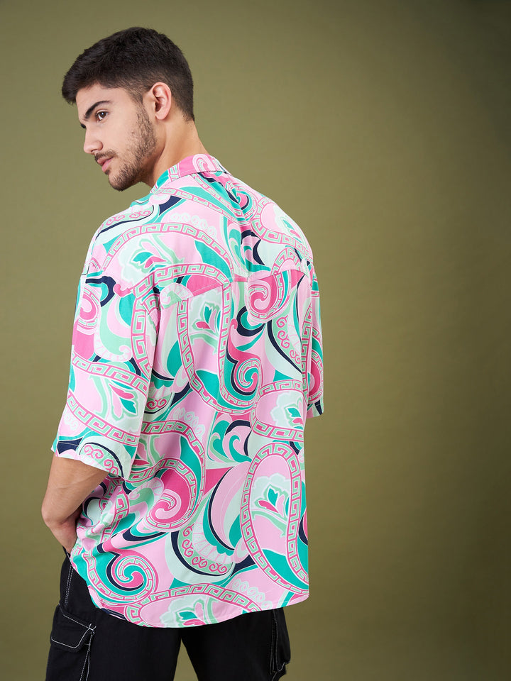 Men Pink &amp; Green Tropical Floral Oversized Shirt