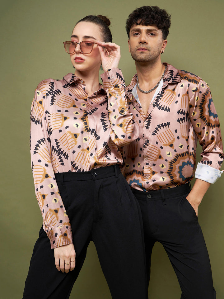 Unisex Brown &amp; Black Satin Relax Fit Shirt