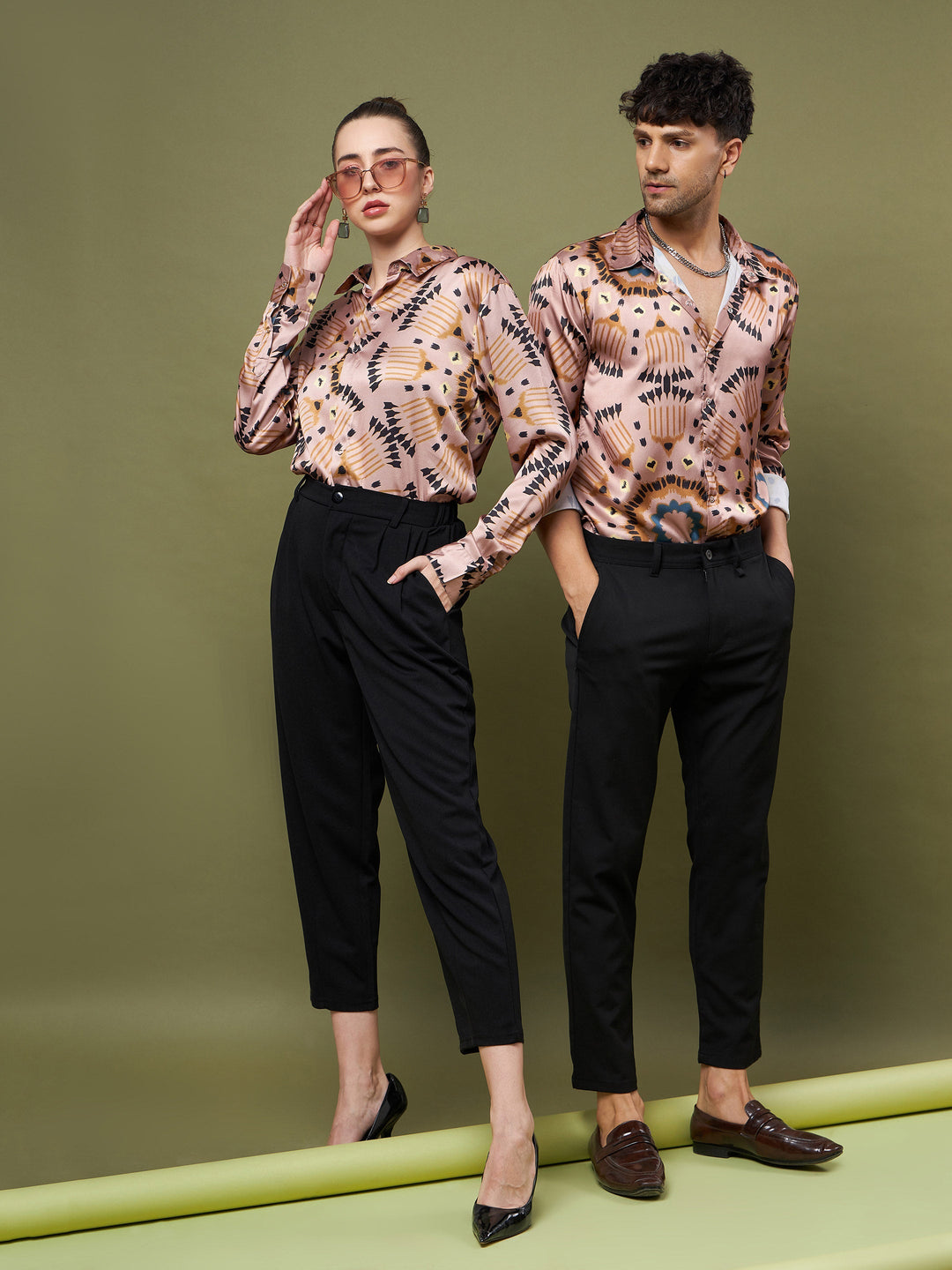 Unisex Brown &amp; Black Satin Relax Fit Shirt