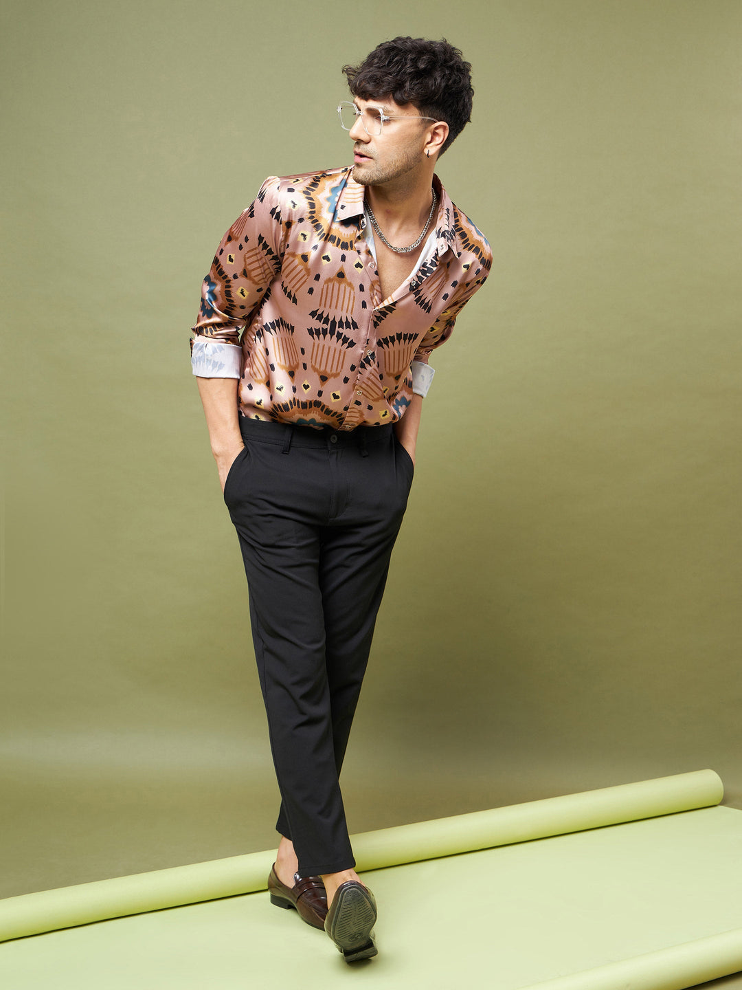 Unisex Brown &amp; Black Satin Relax Fit Shirt