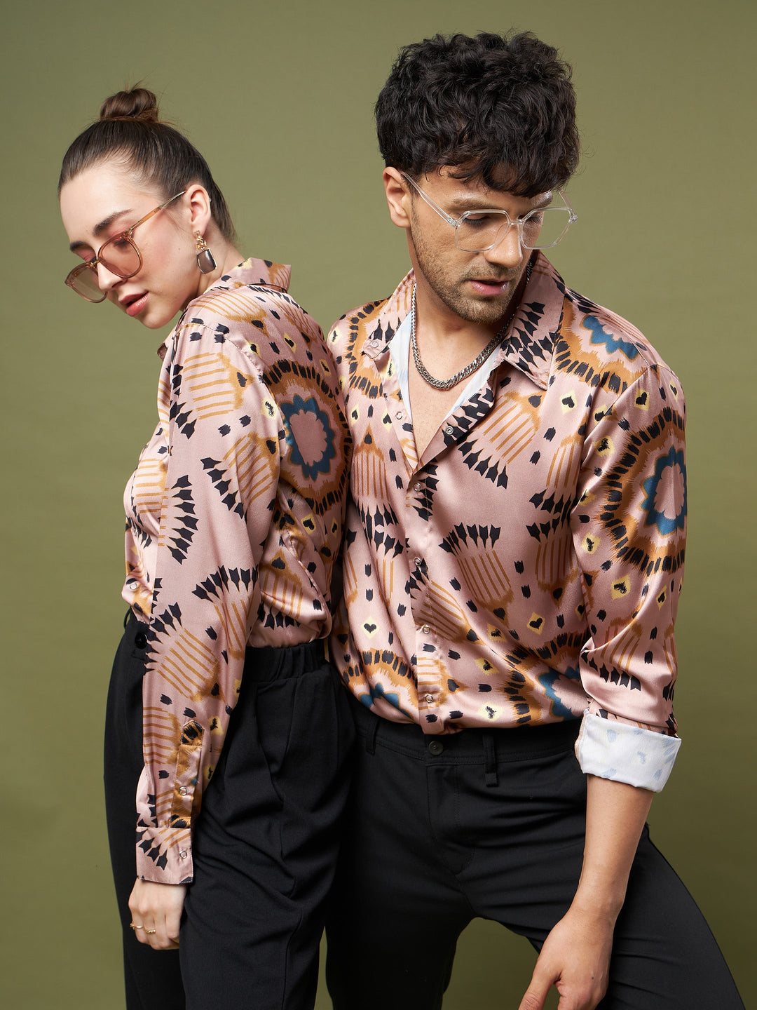 Unisex Brown &amp; Black Satin Relax Fit Shirt