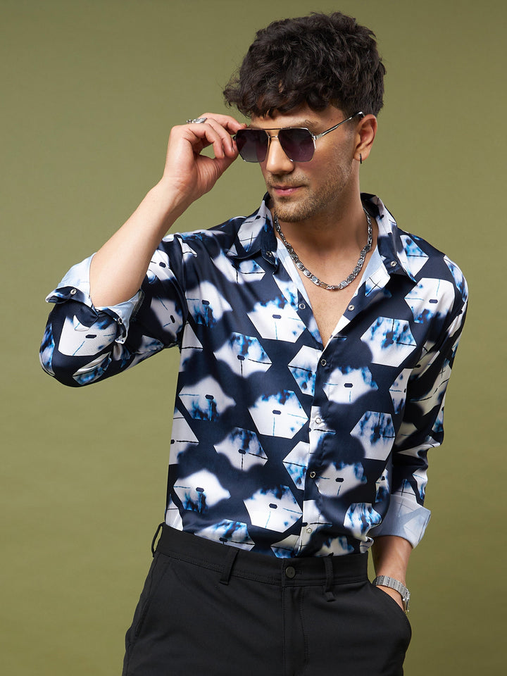Unisex Navy &amp; White Abstract Satin Relax Fit Shirt
