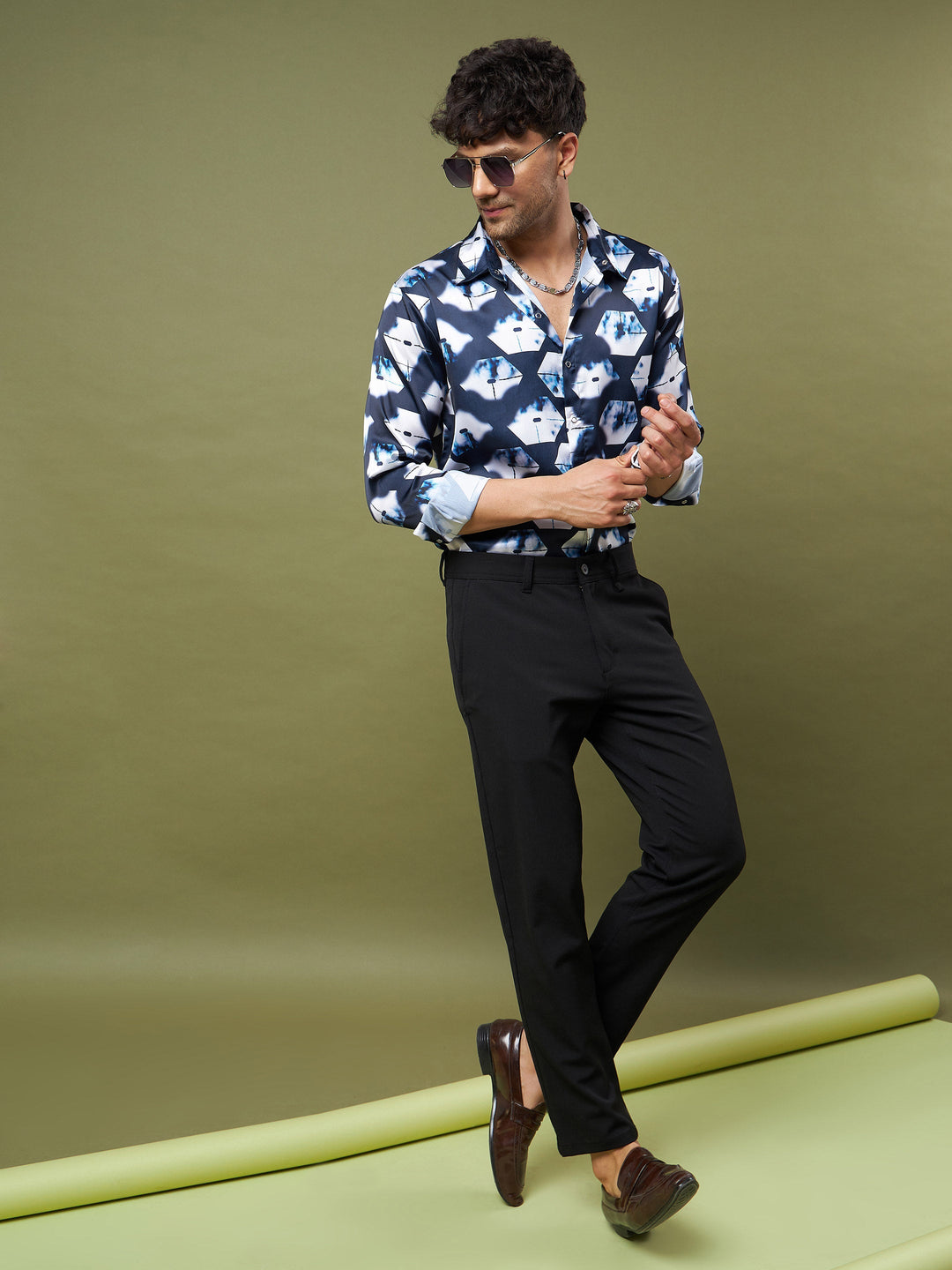 Unisex Navy &amp; White Abstract Satin Relax Fit Shirt