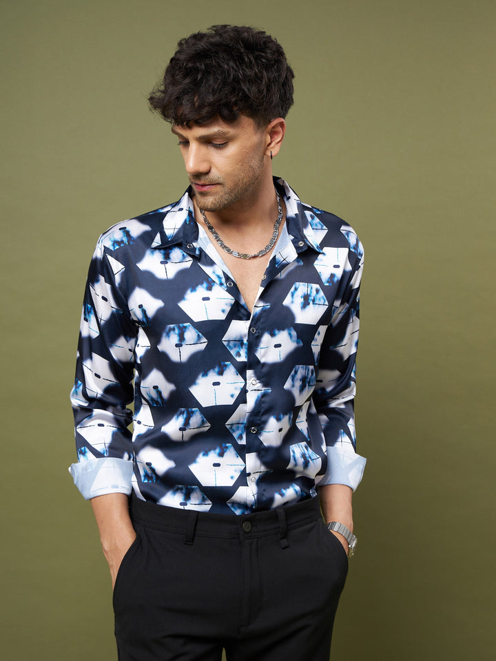 Unisex Navy &amp; White Abstract Satin Relax Fit Shirt