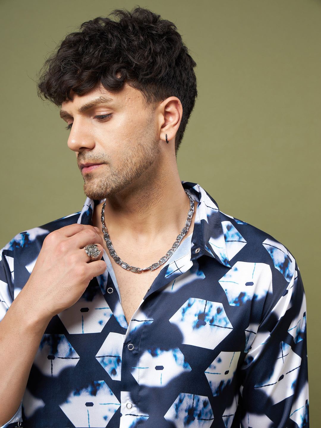 Unisex Navy &amp; White Abstract Satin Relax Fit Shirt
