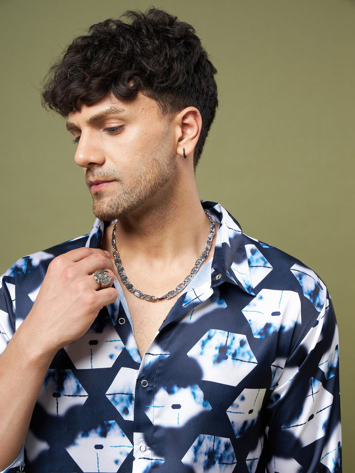 Unisex Navy &amp; White Abstract Satin Relax Fit Shirt
