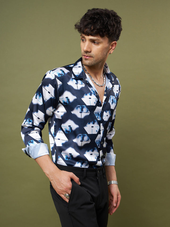 Unisex Navy &amp; White Abstract Satin Relax Fit Shirt