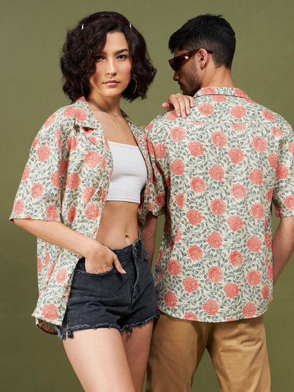 Unisex Beige & Orange Floral Relax Fit Shirt