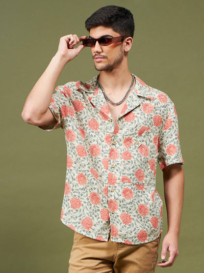 Unisex Beige & Orange Floral Relax Fit Shirt