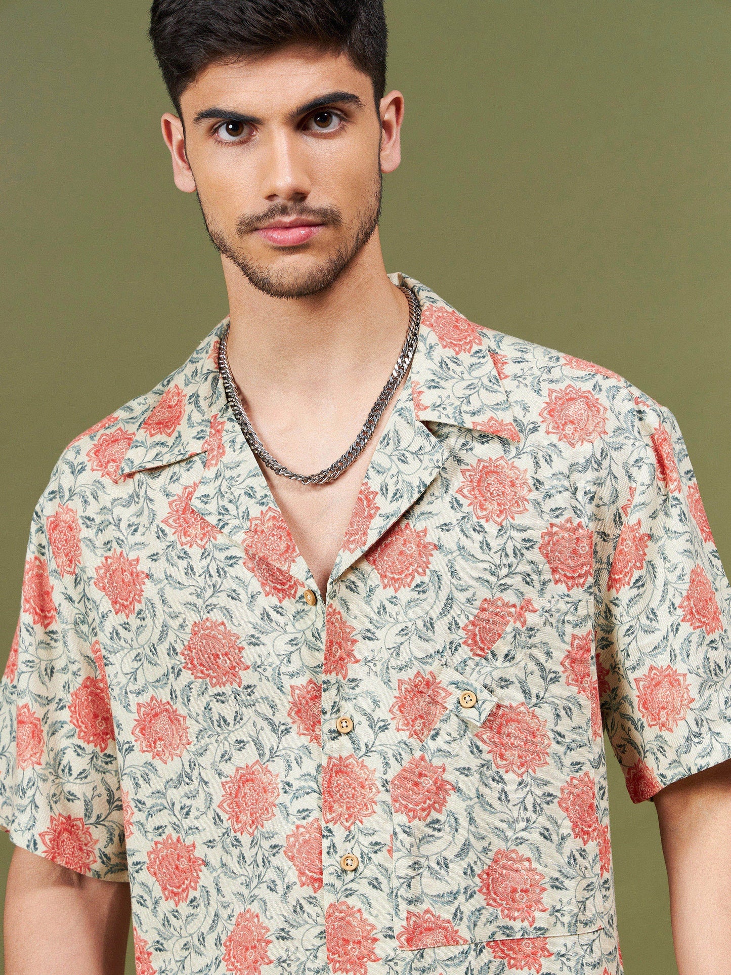 Unisex Beige & Orange Floral Relax Fit Shirt