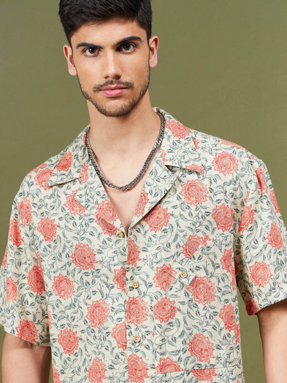 Unisex Beige & Orange Floral Relax Fit Shirt