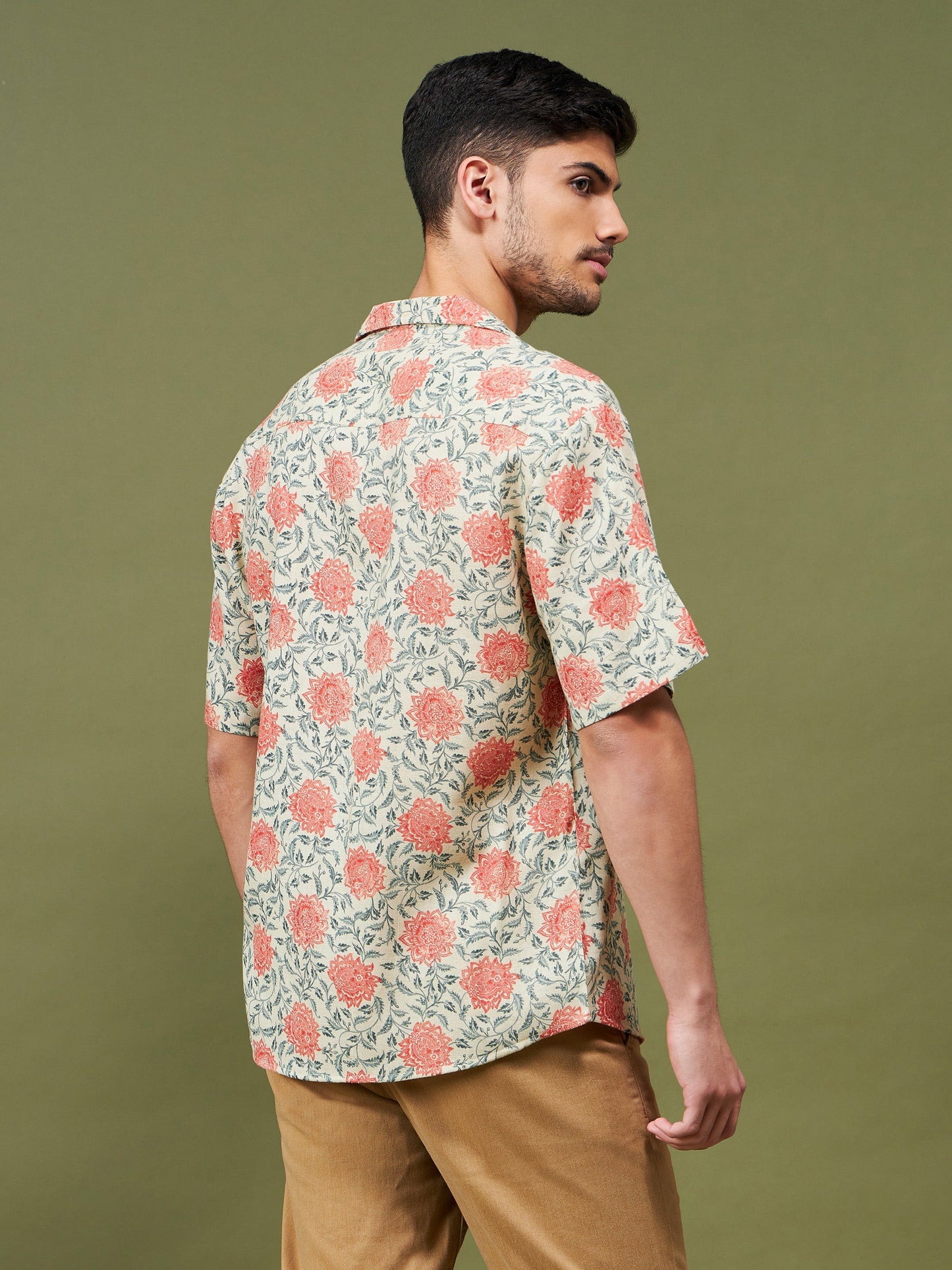 Unisex Beige & Orange Floral Relax Fit Shirt