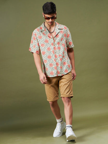 Unisex Beige & Orange Floral Relax Fit Shirt