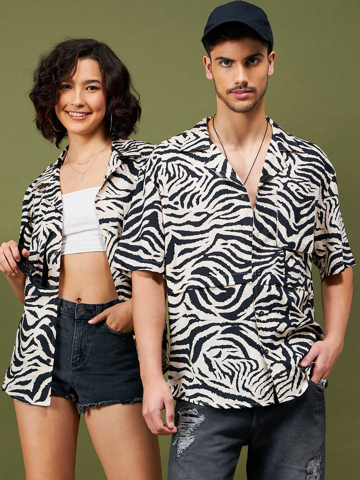 Unisex Beige &amp; Black Animal Print Relax Fit Shirt