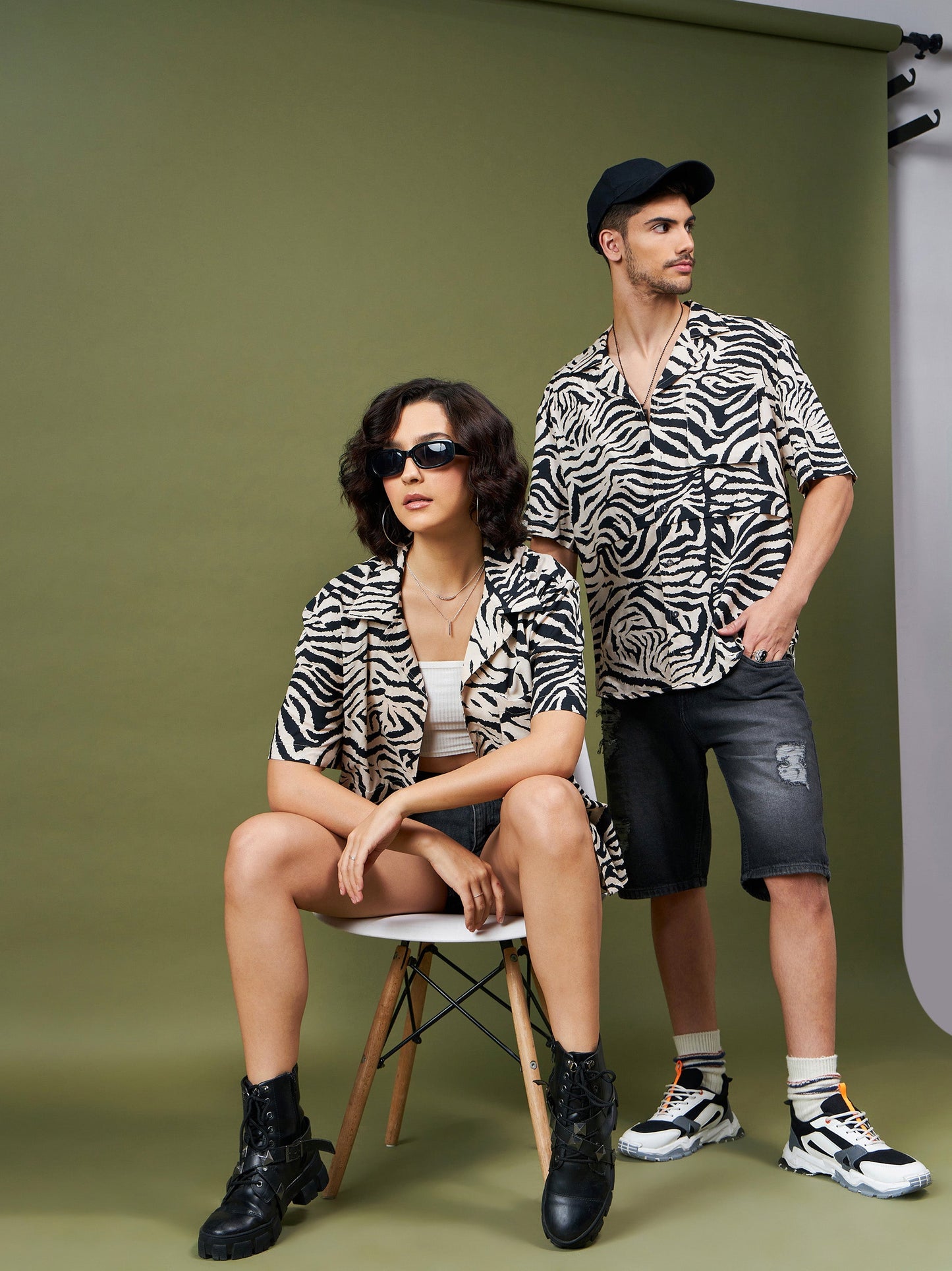 Unisex Beige & Black Animal Print Relax Fit Shirt