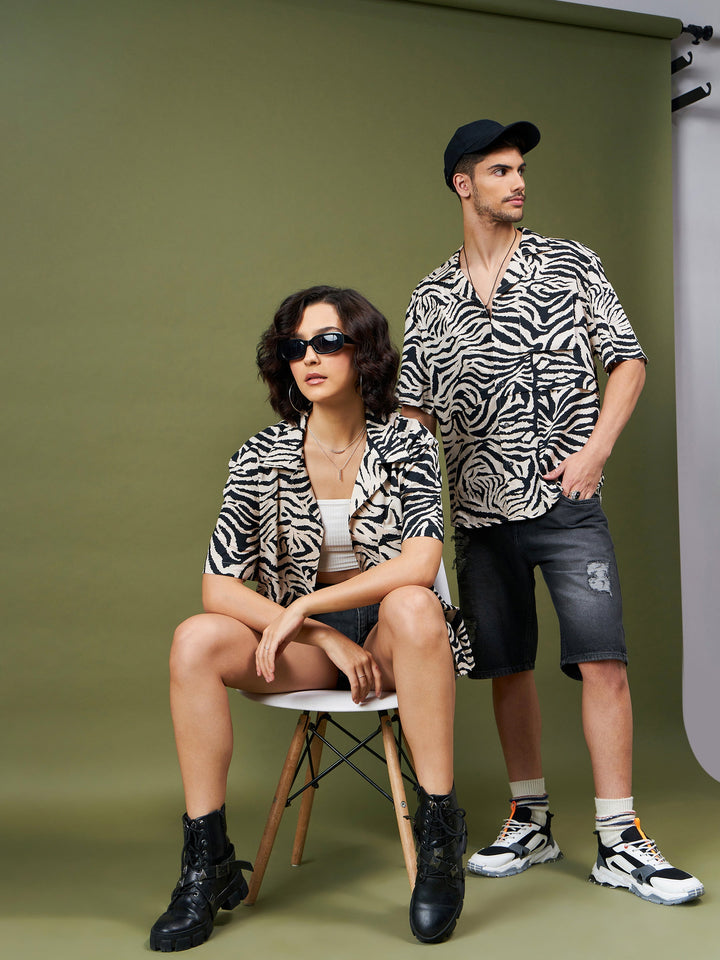 Unisex Beige &amp; Black Animal Print Relax Fit Shirt