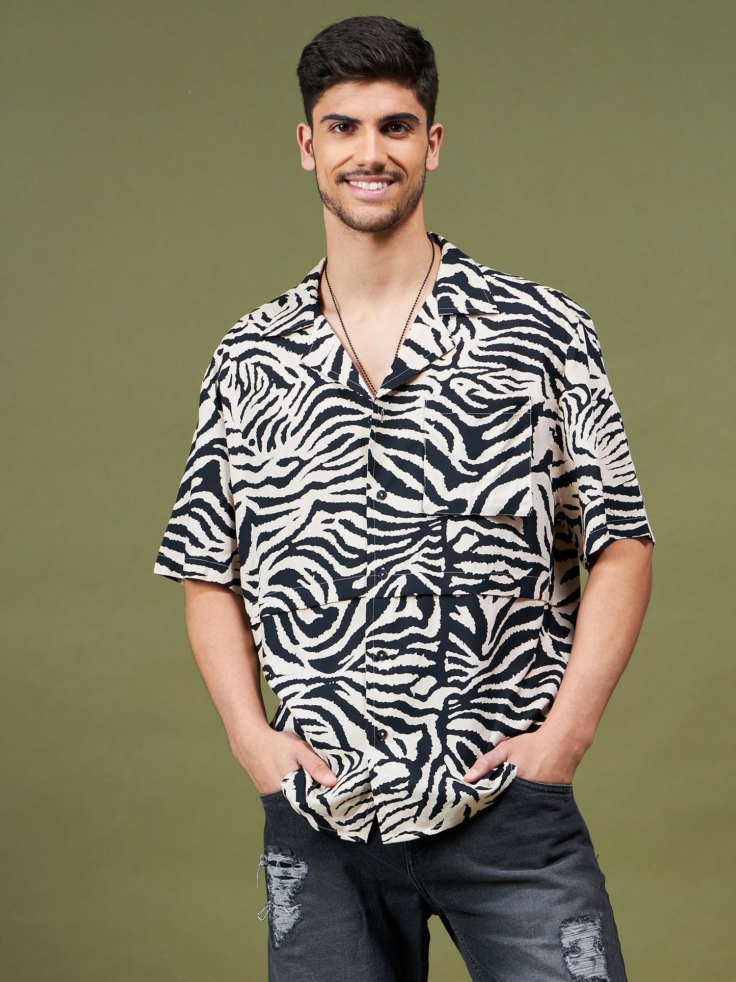 Unisex Beige & Black Animal Print Relax Fit Shirt