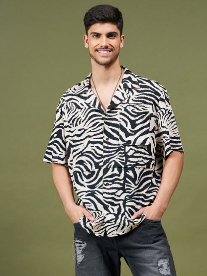 Unisex Beige & Black Animal Print Relax Fit Shirt