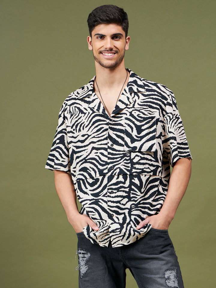 Unisex Beige &amp; Black Animal Print Relax Fit Shirt