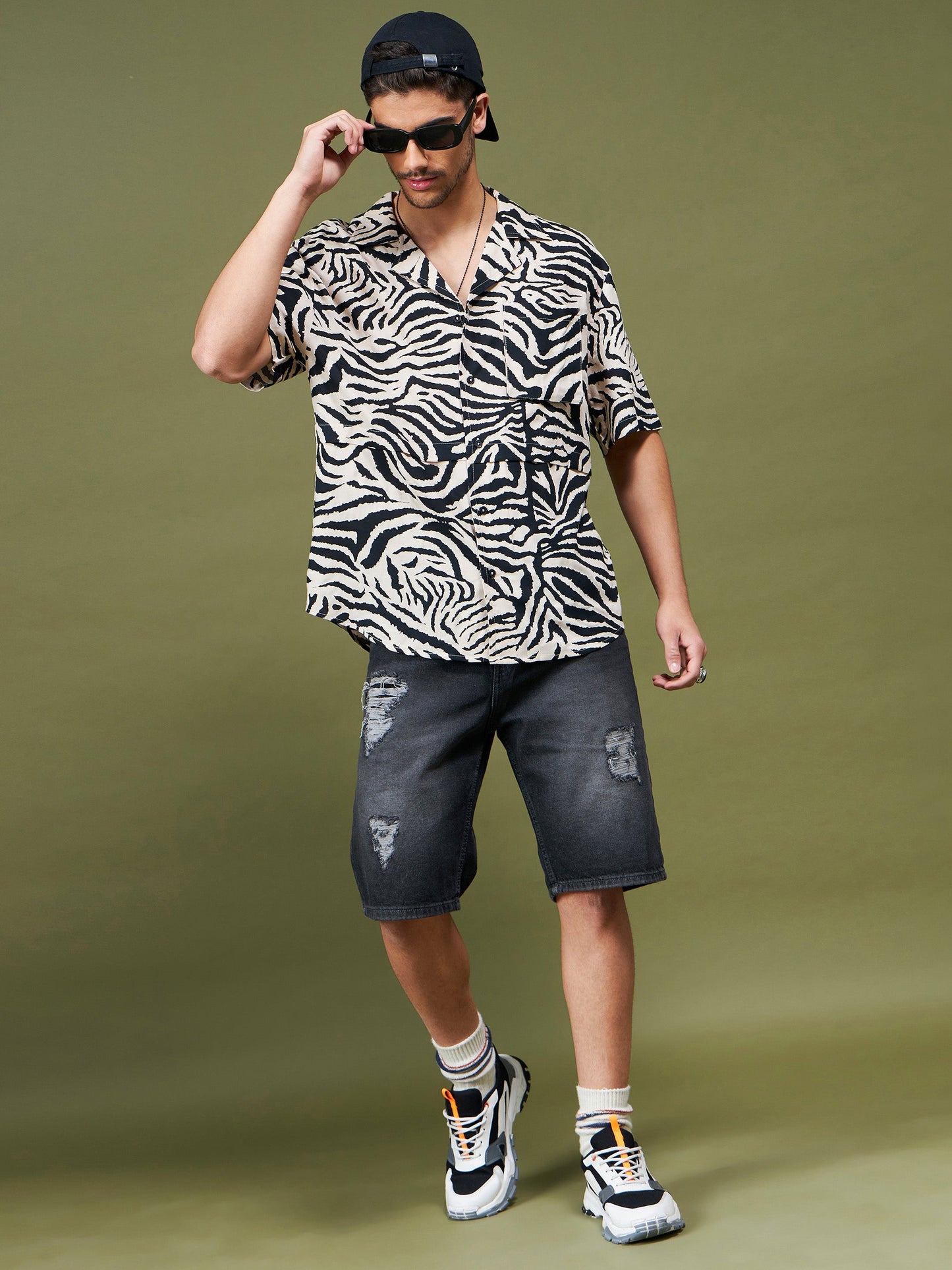 Unisex Beige & Black Animal Print Relax Fit Shirt