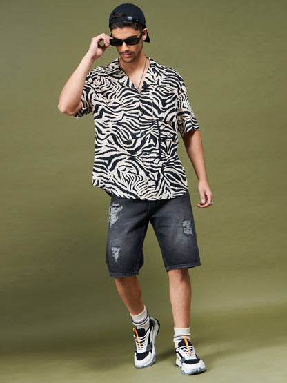 Unisex Beige & Black Animal Print Relax Fit Shirt