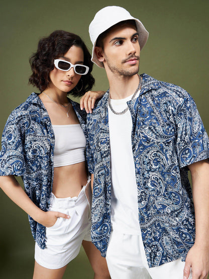 Unisex Navy Paisley Relax Fit Shirt