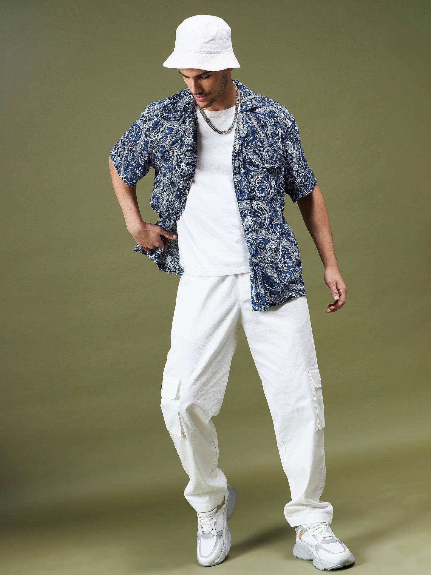 Unisex Navy Paisley Relax Fit Shirt