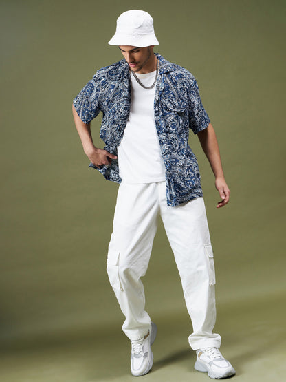 Unisex Navy Paisley Relax Fit Shirt