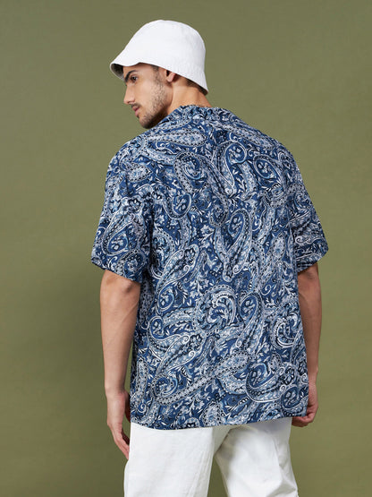 Unisex Navy Paisley Relax Fit Shirt