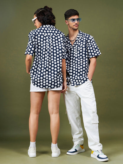 Unisex Navy & White Polka Dot Relax Fit Shirt