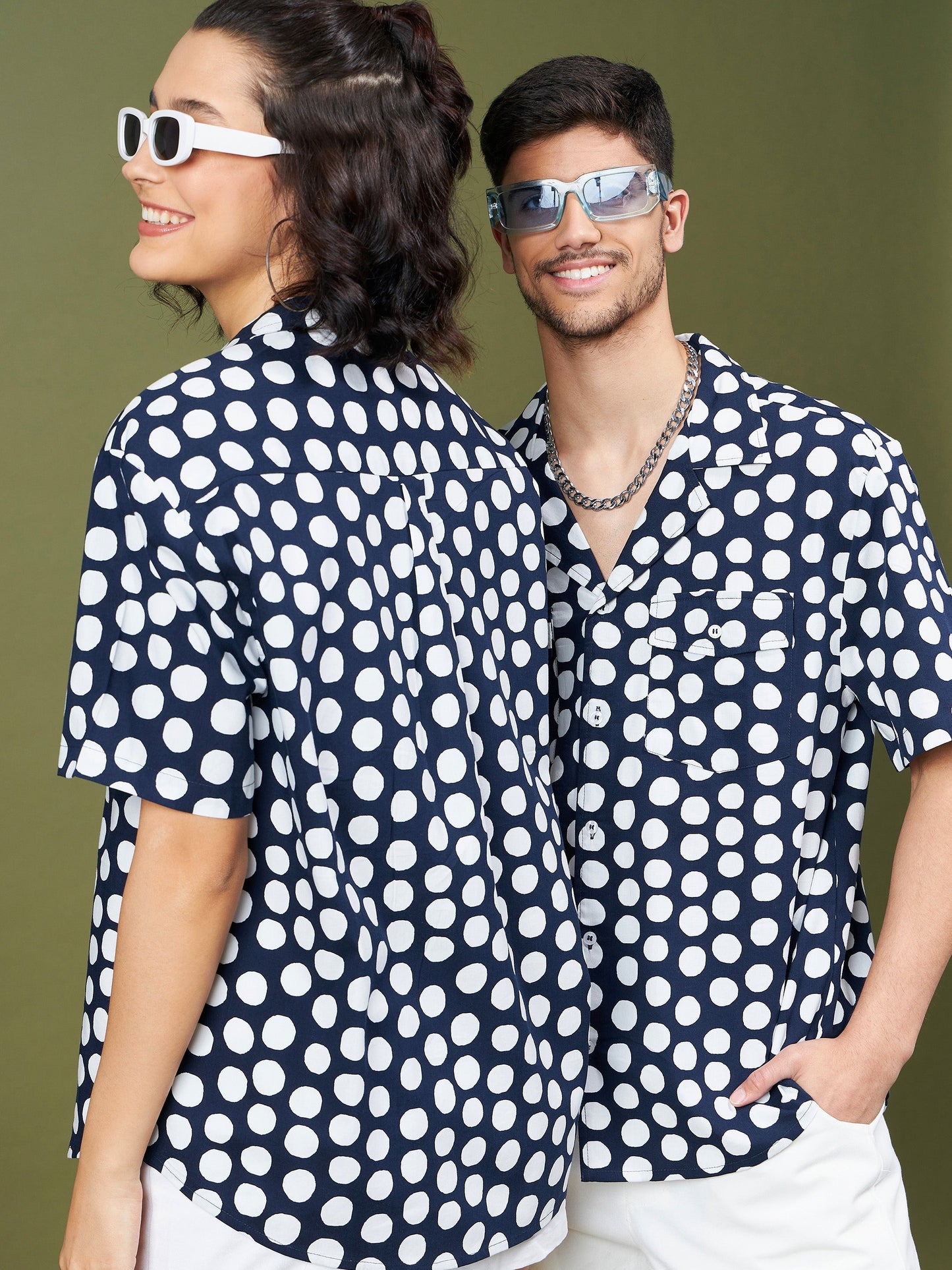 Unisex Navy & White Polka Dot Relax Fit Shirt