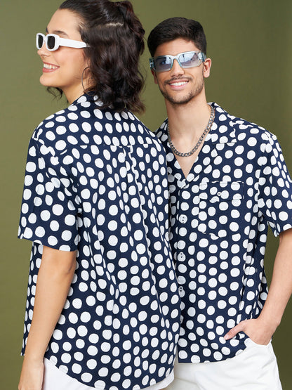 Unisex Navy & White Polka Dot Relax Fit Shirt