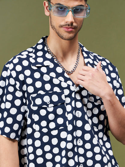 Unisex Navy & White Polka Dot Relax Fit Shirt