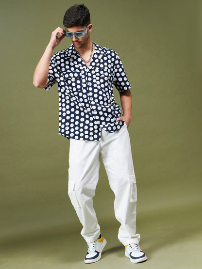 Unisex Navy & White Polka Dot Relax Fit Shirt