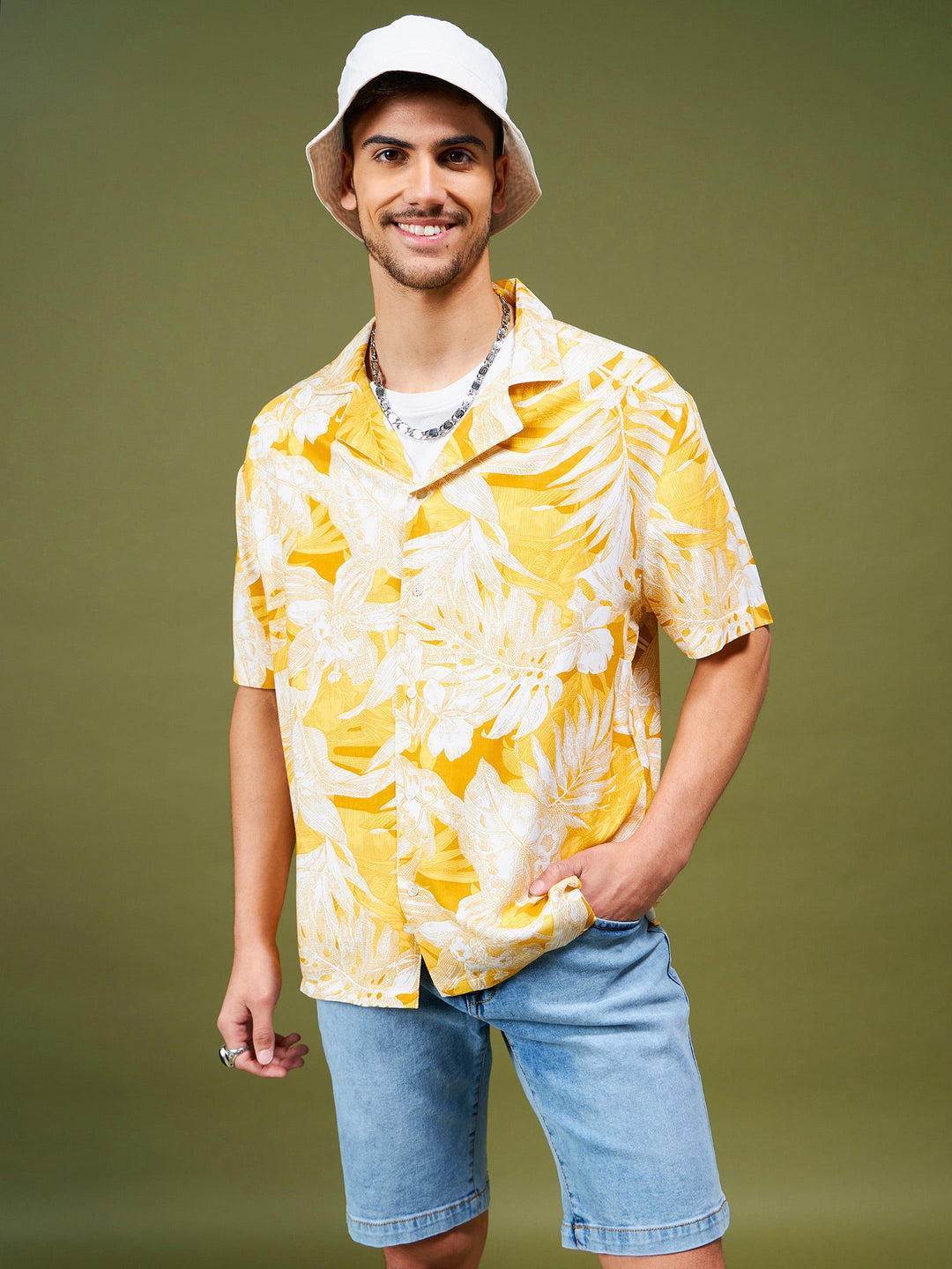 Unisex Yellow &amp; White Tropical Relax Fit Shirt