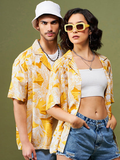Unisex Yellow & White Tropical Relax Fit Shirt