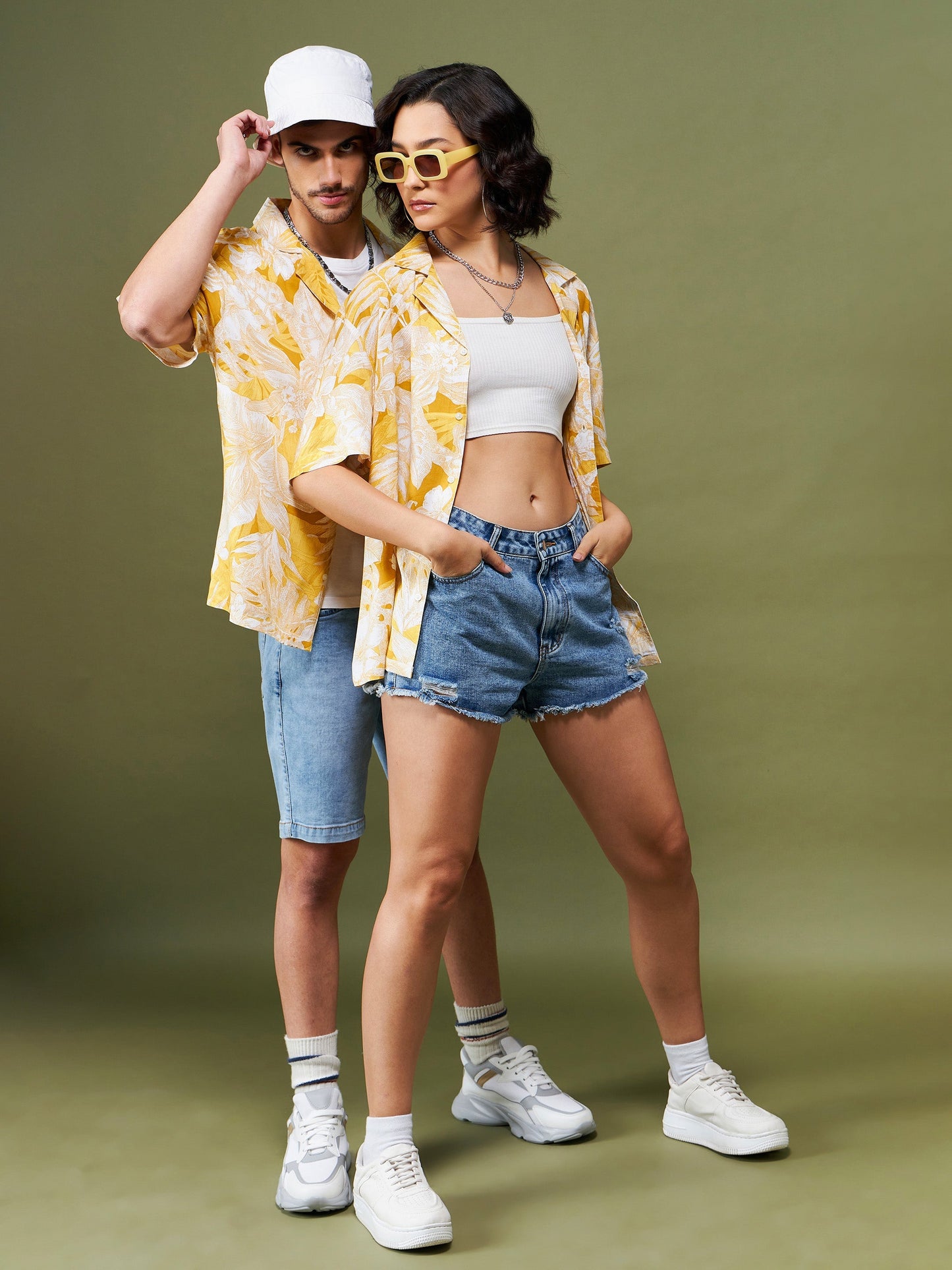 Unisex Yellow & White Tropical Relax Fit Shirt