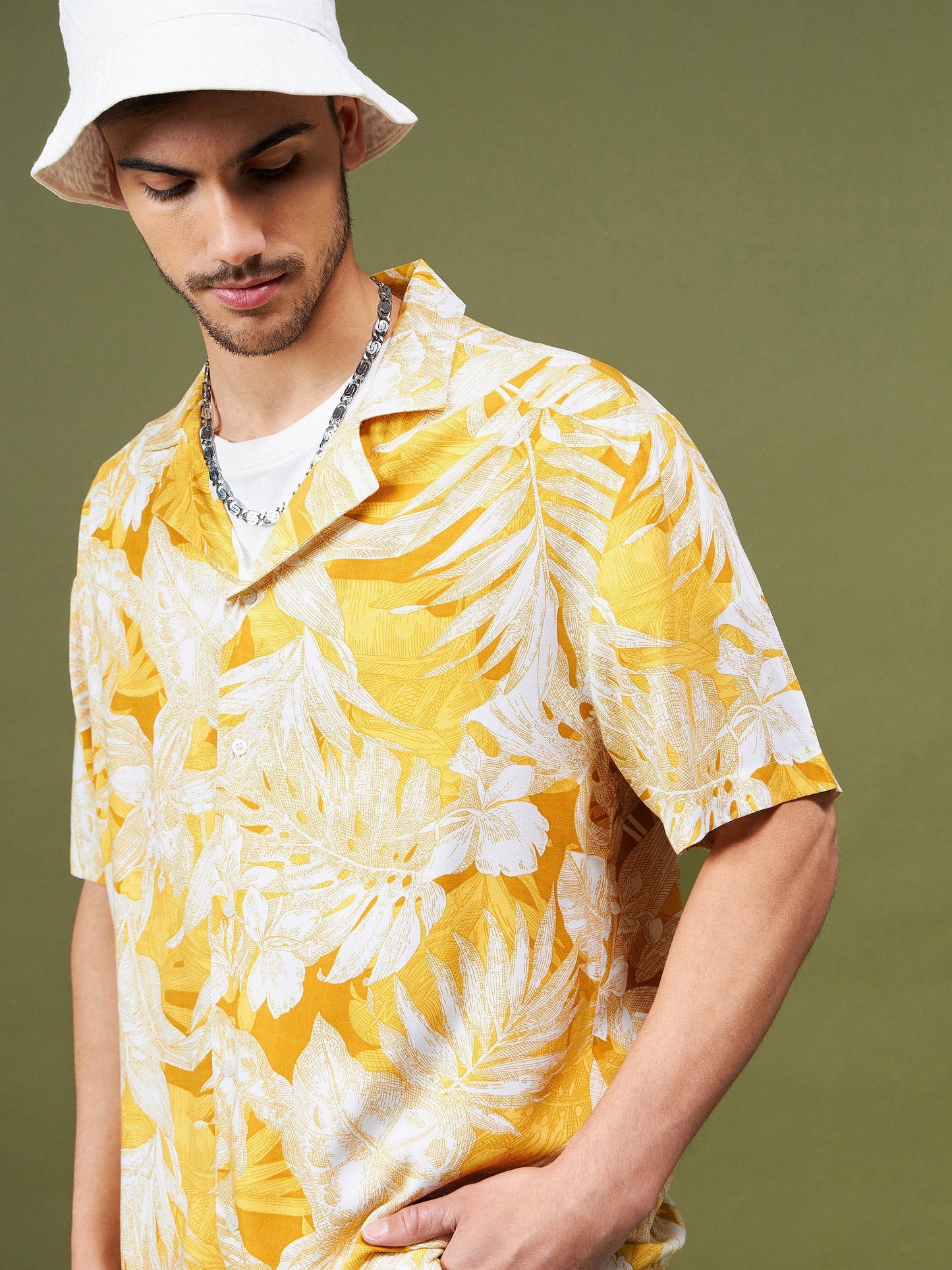 Unisex Yellow & White Tropical Relax Fit Shirt