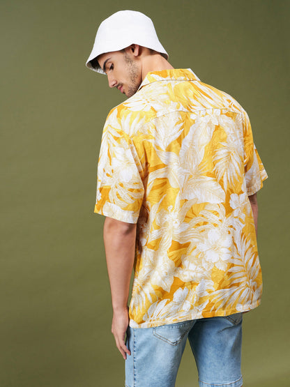 Unisex Yellow & White Tropical Relax Fit Shirt