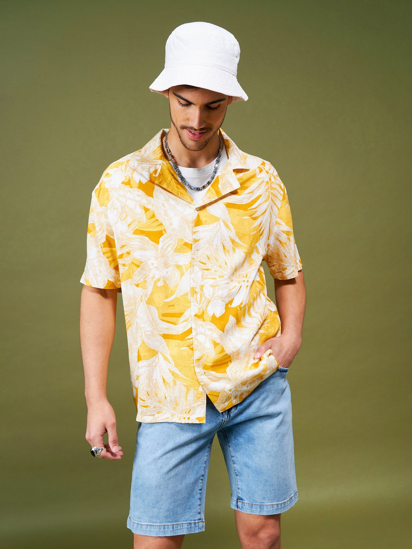 Unisex Yellow & White Tropical Relax Fit Shirt