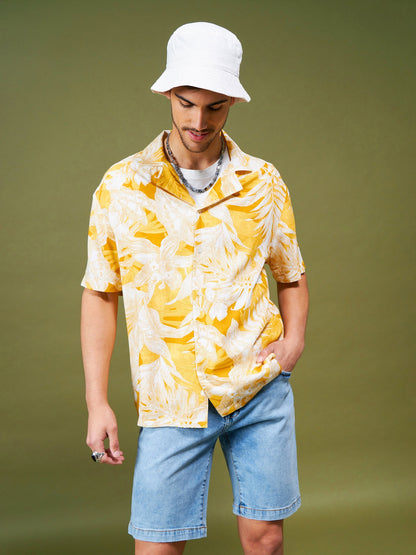 Unisex Yellow & White Tropical Relax Fit Shirt