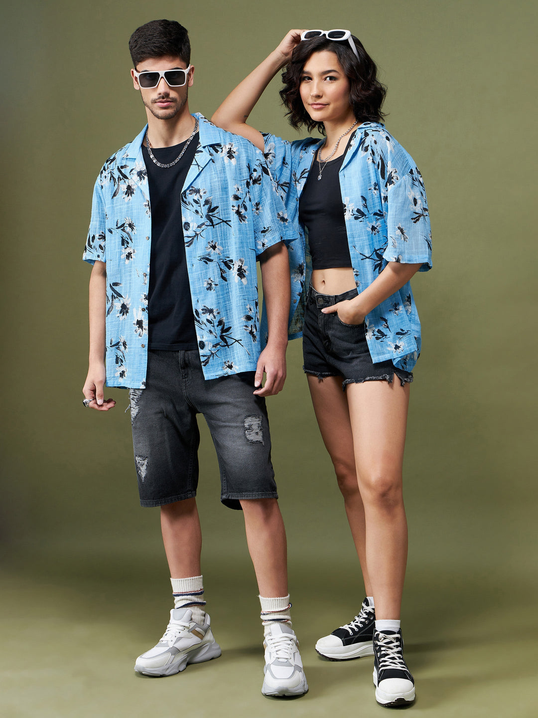 Unisex Sea Green &amp; Black Floral Relax Fit Shirt