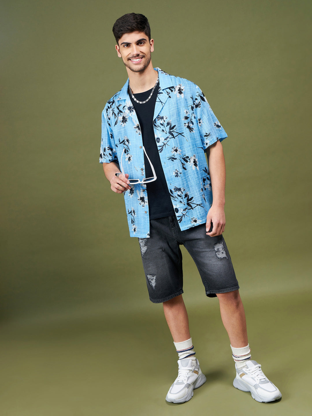 Unisex Sea Green &amp; Black Floral Relax Fit Shirt