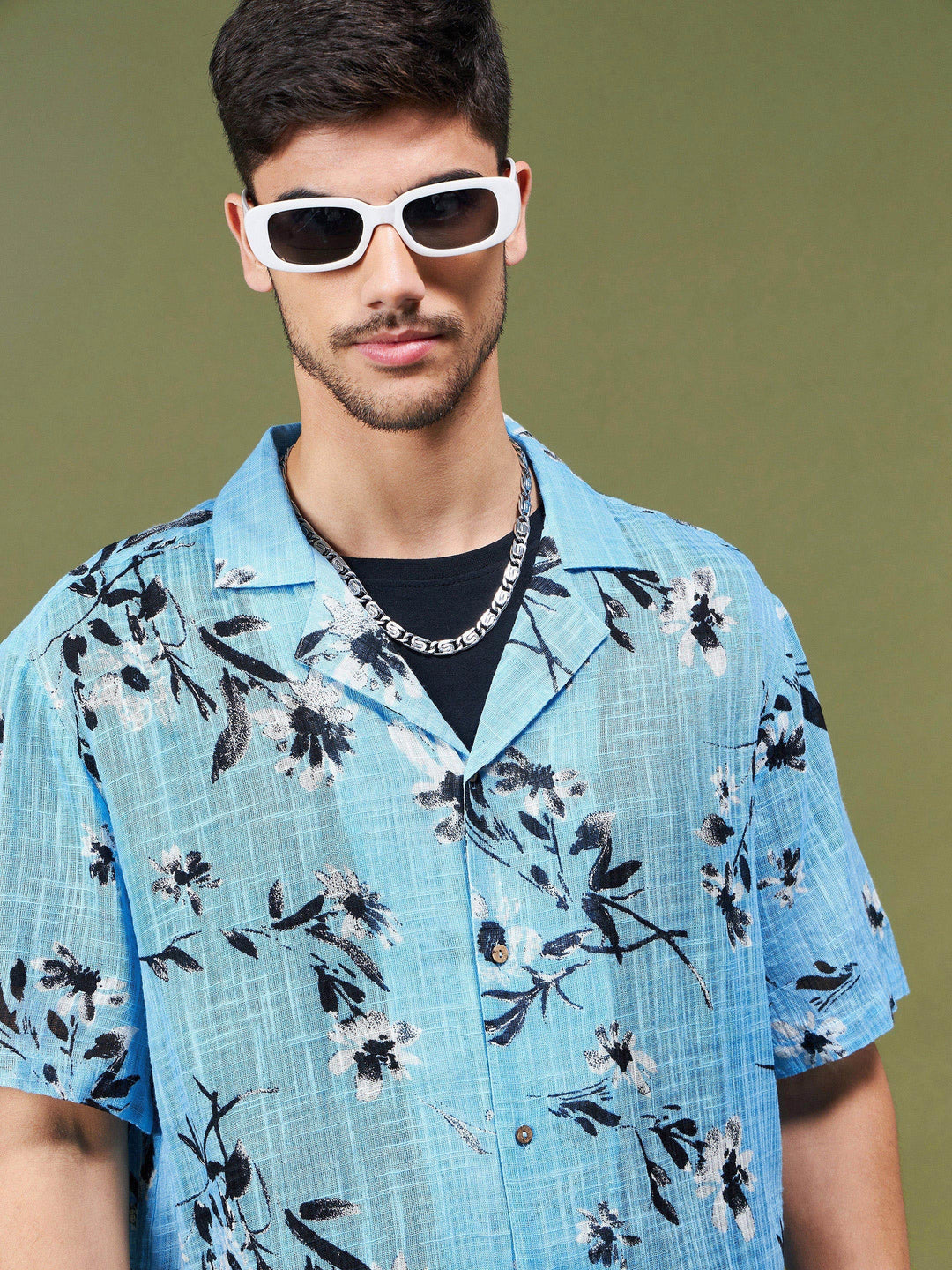 Unisex Sea Green &amp; Black Floral Relax Fit Shirt