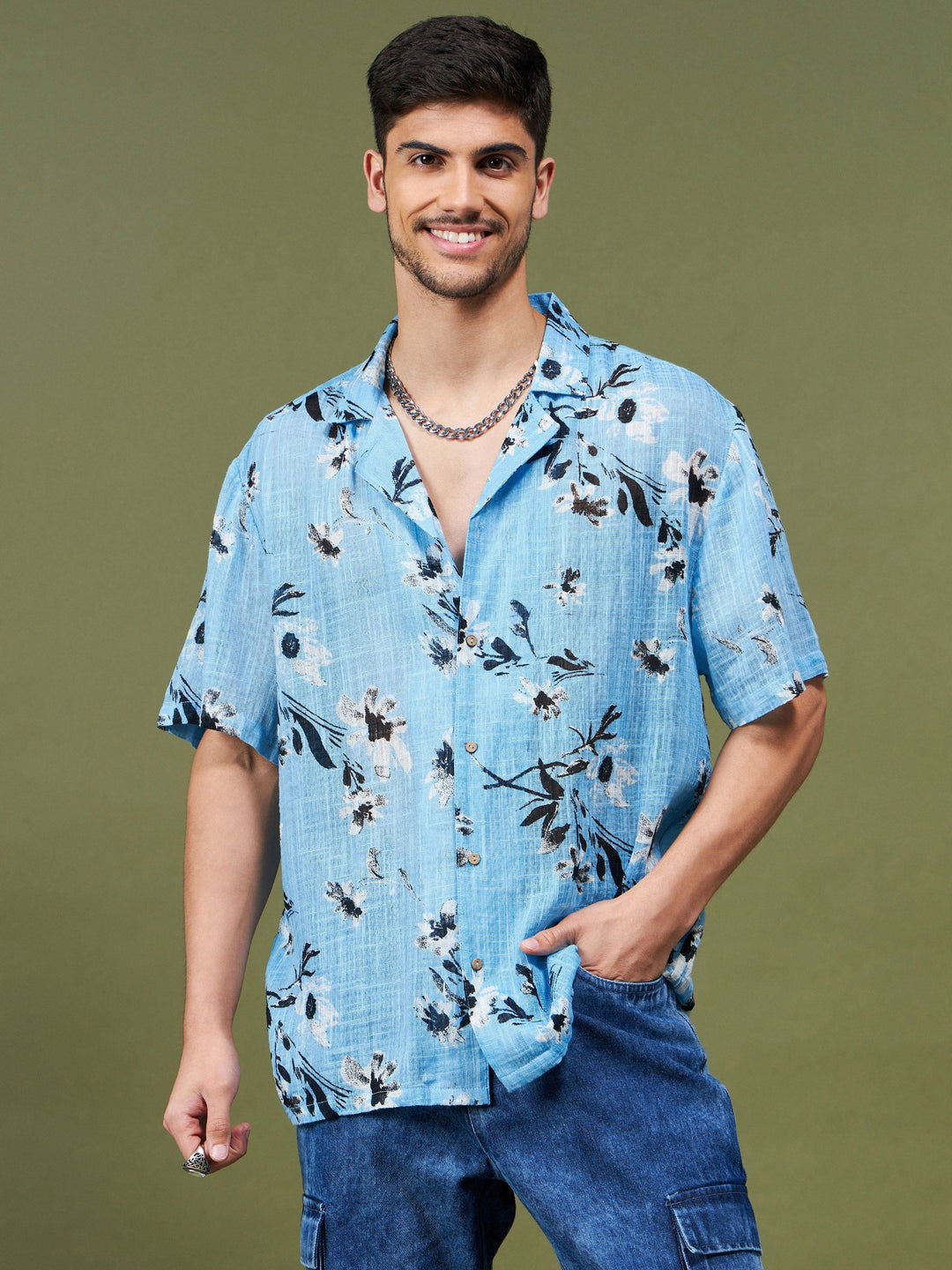 Unisex Sea Green &amp; Black Floral Relax Fit Shirt