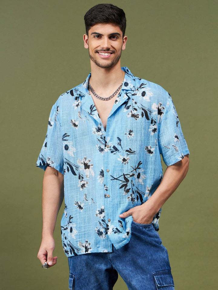 Unisex Sea Green &amp; Black Floral Relax Fit Shirt