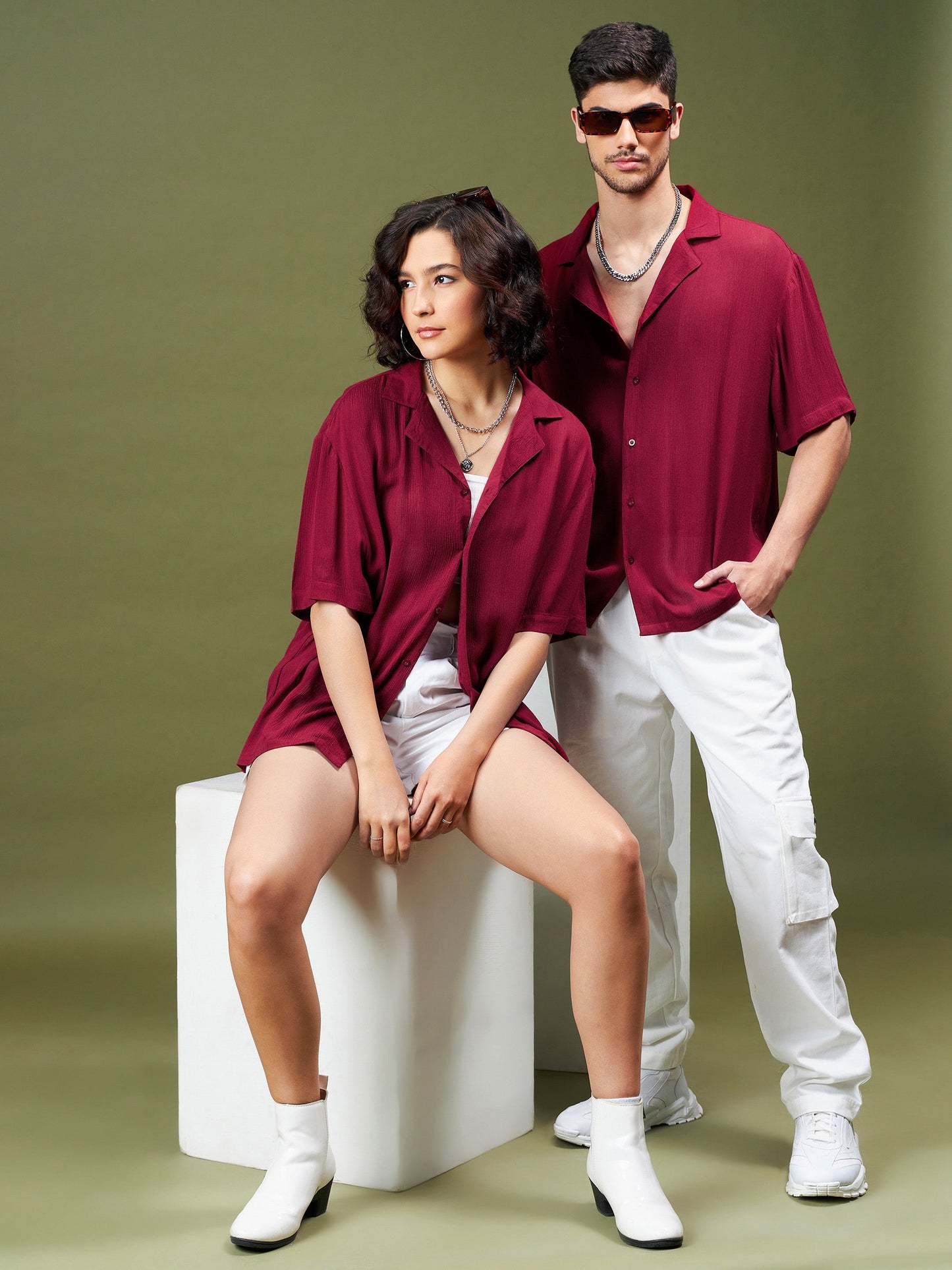 Unisex Maroon Solid Relax Fit Shirt